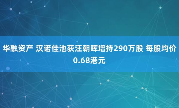华融资产 汉诺佳池获汪朝晖增持290万股 每股均价0.68港元
